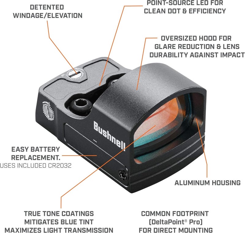 Bushnell RX100 منظار ريفلكس - 4 MOA نقطة حمراء مدمجة، هيكل ألمنيوم متين، 8 إعدادات سطوع، عمر بطارية 5,000 ساعة، متوافق مع قاعدة DeltaPoint - Image 2